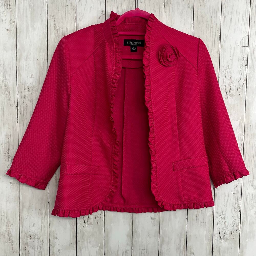 Perceptions Pink Open Front Ruffle Blazer Jacket Floral Professional Spring 8